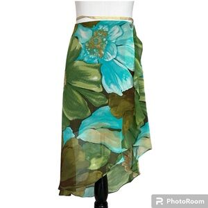 Vintage Tessuto Floral Wrap Skirt Ruffle Green Turquoise Size M